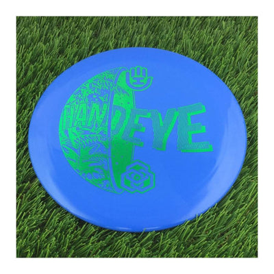 Solid blue Dynamic Discs Fuzion Ice Sergeant disc golf driver with a bright green Handeye Expand HSCO stamp.