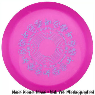 Bright pink Dynamic Discs Fuzion Vandal disc with a light blue Handeye Supply Co. Physics of Flight Bureau stamp.