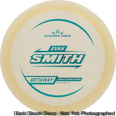 Dynamic Discs Getaway Evan Smith 2025 Signature Series disc in gold metal flake Lucid plastic with teal lettering.