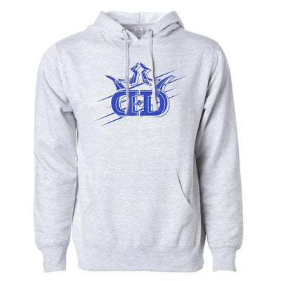 Light gray Dynamic Discs Glitched Hoodie with a blue DG logo, drawstring hood, and front kangaroo pocket.