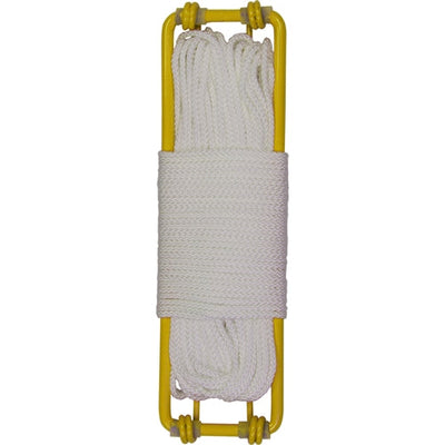 Dynamic Discs Golden Retriever with a bright yellow frame holding tightly coiled white rope used for retrieving discs.