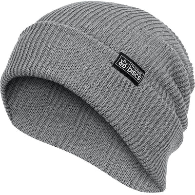 Gray ribbed knit Dynamic Discs Utility Slouch Beanie with a black and white brand logo patch on the cuff.