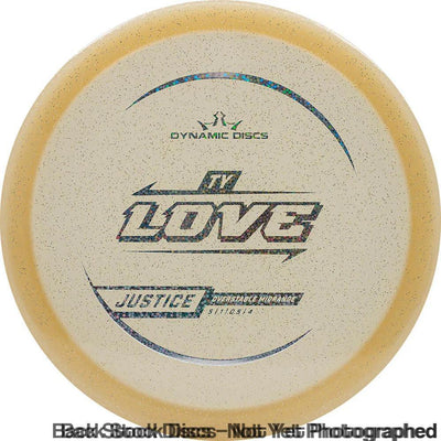 Dynamic Discs Lucid Gold Metal Flake Justice Ty Love 2025 Signature Mold disc golf midrange with iridescent stamping.