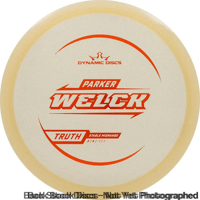 Dynamic Discs Lucid Gold Metal Flake Truth Parker Welck 2025 Signature Mold disc golf mid-range with orange stamp.