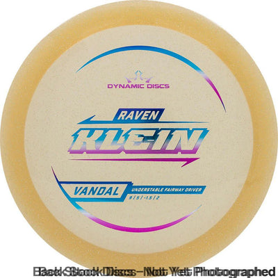 Dynamic Discs Lucid Gold Metal Flake Vandal Raven Klein disc with a pink and blue geometric graphic.