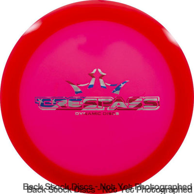 Bright pink Dynamic Discs Lucid Trespass disc golf disc with a metallic silver and blue flag bar stamp.