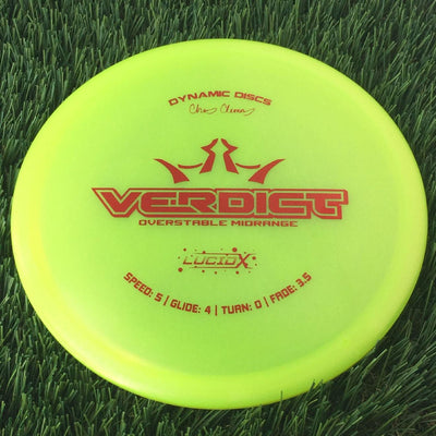Translucent yellow Dynamic Discs Lucid-X Glimmer Verdict 2023 Team Series disc golf midrange with red stamp.