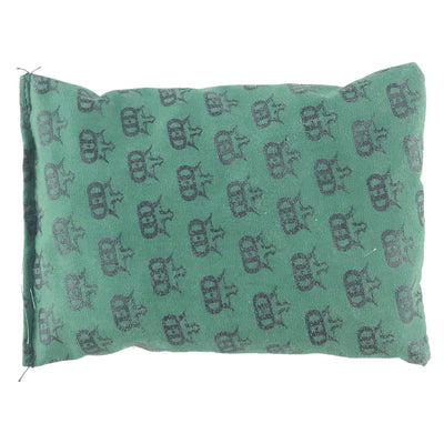 Dynamic Discs Mini King green beanbag with a repeating pattern of black crown logos printed across it.