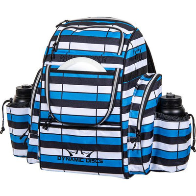 Dynamic Discs Paratrooper backpack with blue, black, and white stripes, two large bottle holders, and a front putter pocket.