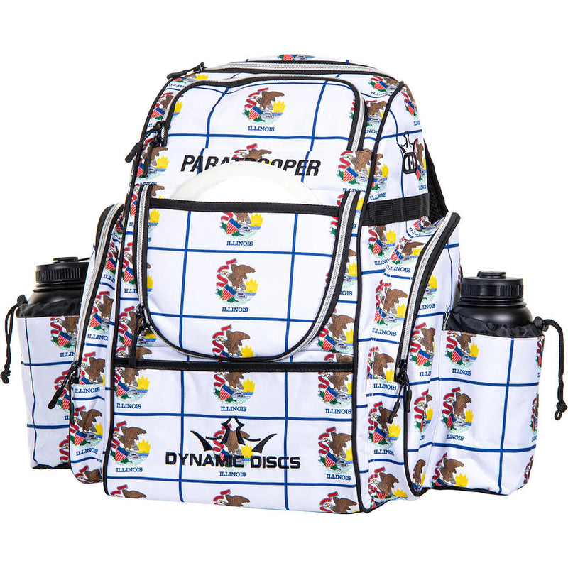 White Dynamic Discs Paratrooper backpack with a grid pattern, blue lines, and repeated Illinois state seals.