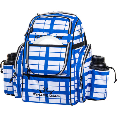 Blue and white Dynamic Discs Paratrooper backpack disc golf bag with two side pockets and black water bottles.