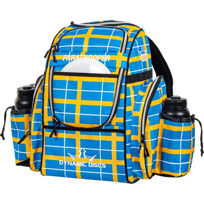 Dynamic Discs Paratrooper backpack country limited edition disc golf bag with a blue and yellow plaid pattern.
