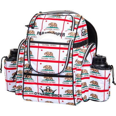 Dynamic Discs Paratrooper backpack disc golf bag in white and red with California Republic bear and star print.