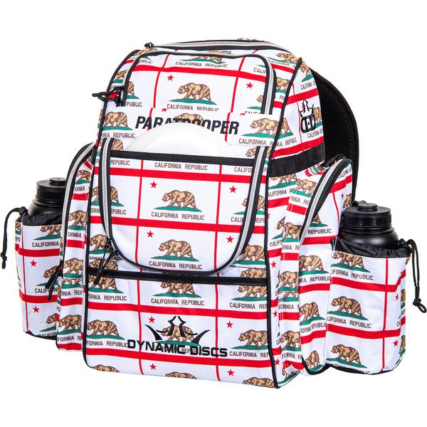 Dynamic Discs Paratrooper backpack disc golf bag in white and red with California Republic bear and star print.