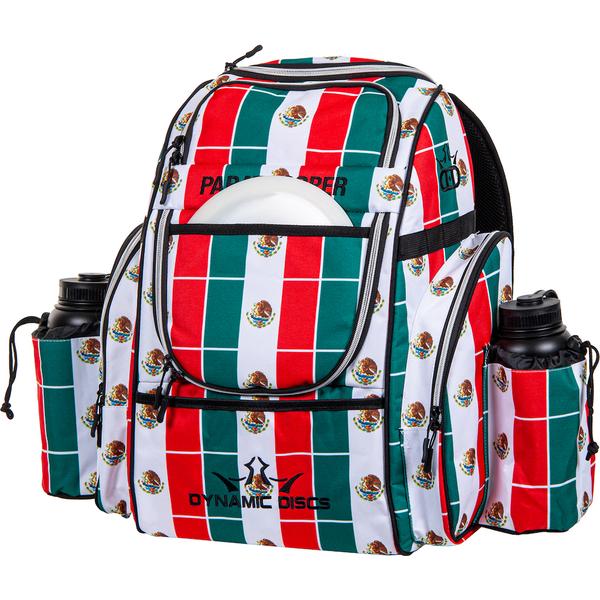 Dynamic Discs Paratrooper backpack disc golf bag in red, green, and white with Mexico flag print.