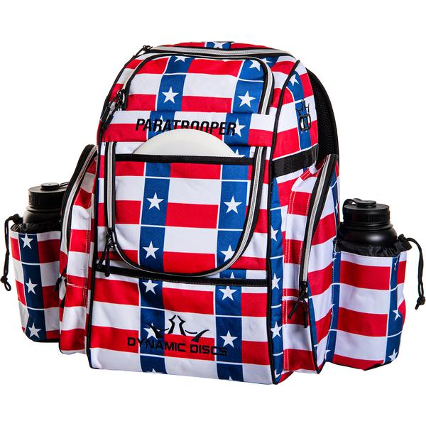 Dynamic Discs Paratrooper backpack in patriotic red, white, and blue with star and stripe pattern.