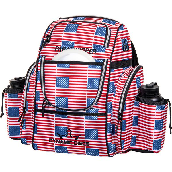Dynamic Discs Paratrooper backpack adorned with a USA flag design, featuring black zippers and two water bottles.