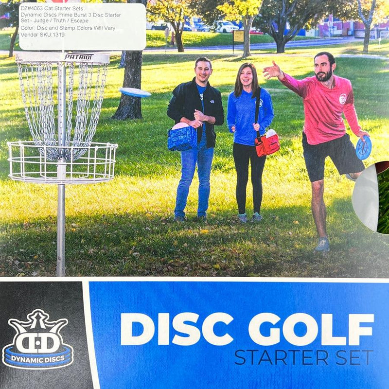 Dynamic Discs Prime Burst 3 disc golf starter set featuring a Judge, Truth, and Escape on a blue box.