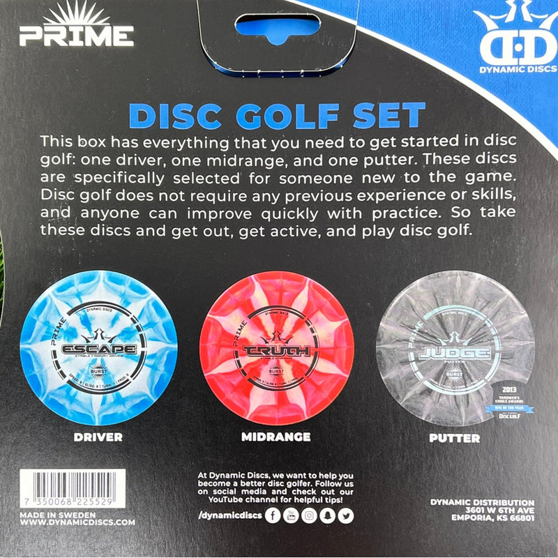Dynamic Discs Prime Burst 3 Disc Starter Set with a blue Escape driver, a red Truth midrange, and a gray Judge putter.