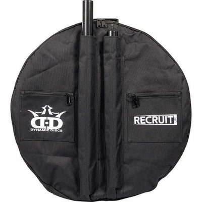 Black Dynamic Discs Recruit Lite basket case with white logos, zippered pockets, and exposed poles.
