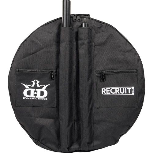Black Dynamic Discs Recruit Lite basket case with white logos, zippered pockets, and exposed poles.