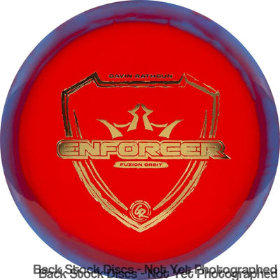 Red Dynamic Discs Fuzion Orbit Enforcer disc with golden Gavin Rathbun 2023 Team Series stamp and purple rim.