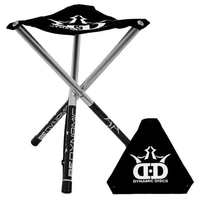 Black Dynamic Discs Roll A Stool with a foldable silver metal frame and white branded logos.