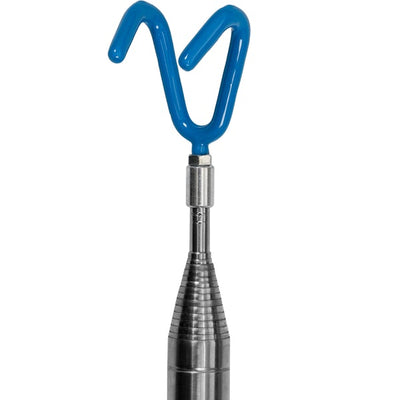 A dynamic discs telescoping retriever with a blue two-pronged claw attached to a silvery metal pole.