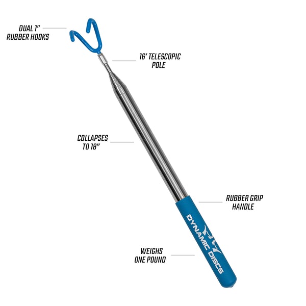 A dynamic discs telescoping retriever with dual 1-inch blue rubber hooks, a silver pole, and a blue rubber grip.