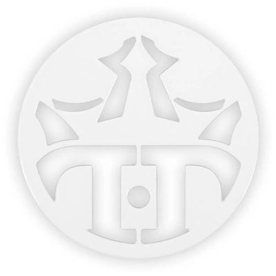 White Dynamic Discs metal mini marker with a debossed crown logo filling the entire circular surface.