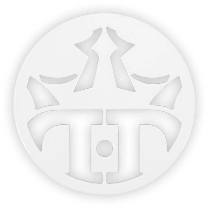 White Dynamic Discs metal mini marker with a debossed crown logo filling the entire circular surface.