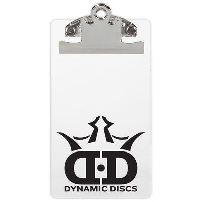 White plastic Dynamic Discs scorekeeping clipboard with a silver metal clip and black "DD" crown logo.