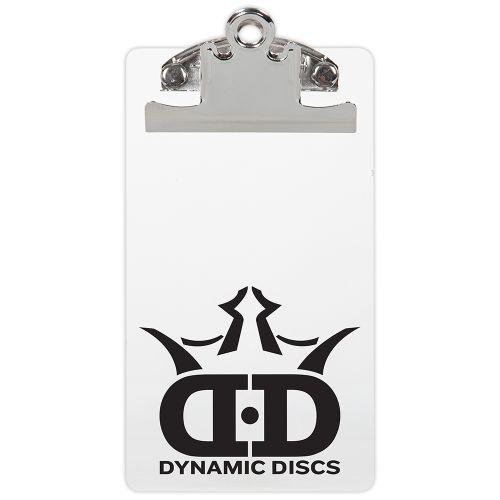 White plastic Dynamic Discs scorekeeping clipboard with a silver metal clip and black "DD" crown logo.