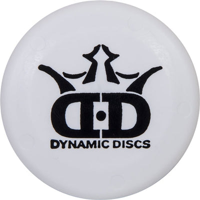 White round mini disc from Dynamic Discs with a black crown graphic and their "DD" logo with text.