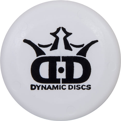 White round mini disc from Dynamic Discs with a black crown graphic and their "DD" logo with text.