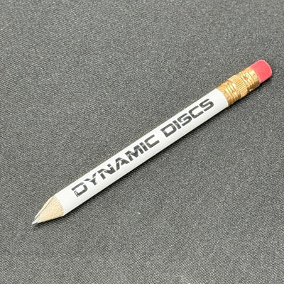 White Dynamic Discs scoring pencil with a sharp tip and a red eraser, held by a gold ferrule.