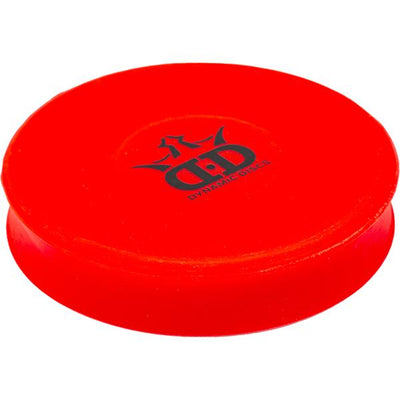 Bright red Dynamic Discs Zlinger mini disc golf marker with a black Dynamic Discs logo on top.