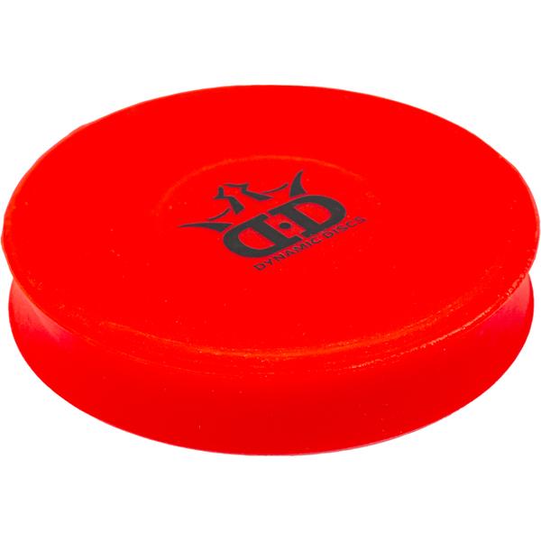Bright red Dynamic Discs Zlinger mini disc golf marker with a black Dynamic Discs logo on top.