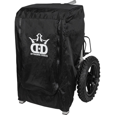 Black Zuca Dynamic Discs rainfly backpack cart cover with a white logo and visible wheel.