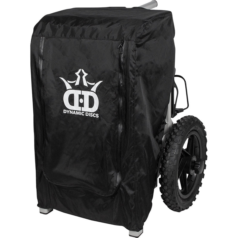 Black Zuca Dynamic Discs rainfly backpack cart cover with a white logo and visible wheel.