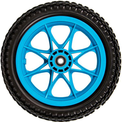 Dynamic Discs Zuca blue all-terrain wheel with a black tubeless foam tire and sturdy spokes.