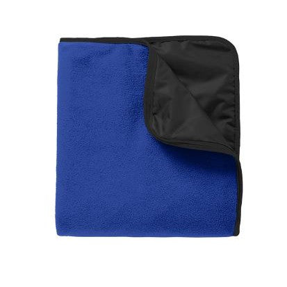 Dynamic Royal DDO picnic stadium blanket with a plush blue top and a durable black waterproof underside.