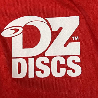 Red DZ DISCS A4 Dry-Fit Performance Shirt with the white DZ DISCS logo featuring stylized letters.