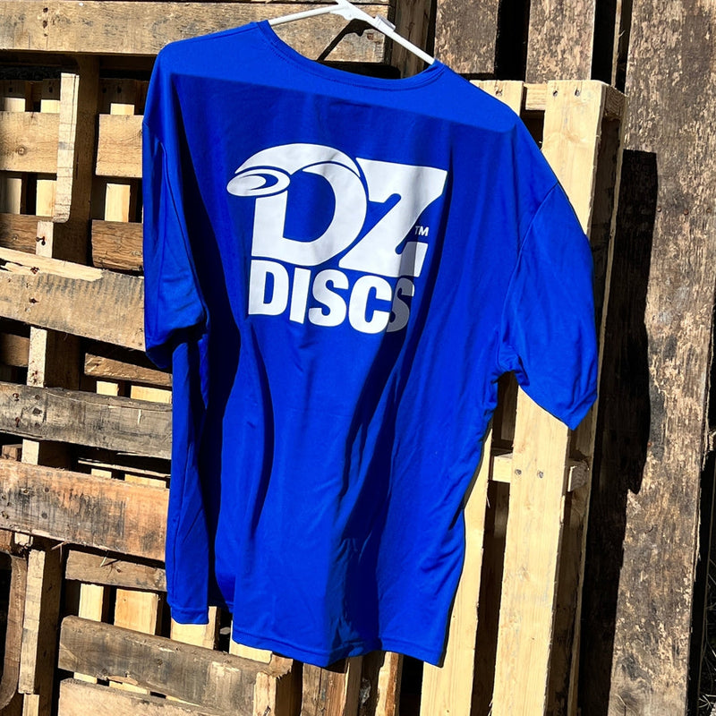 Blue DZDiscs A4 Dryfit Performance T-shirt with a large white DZDiscs logo on the back.