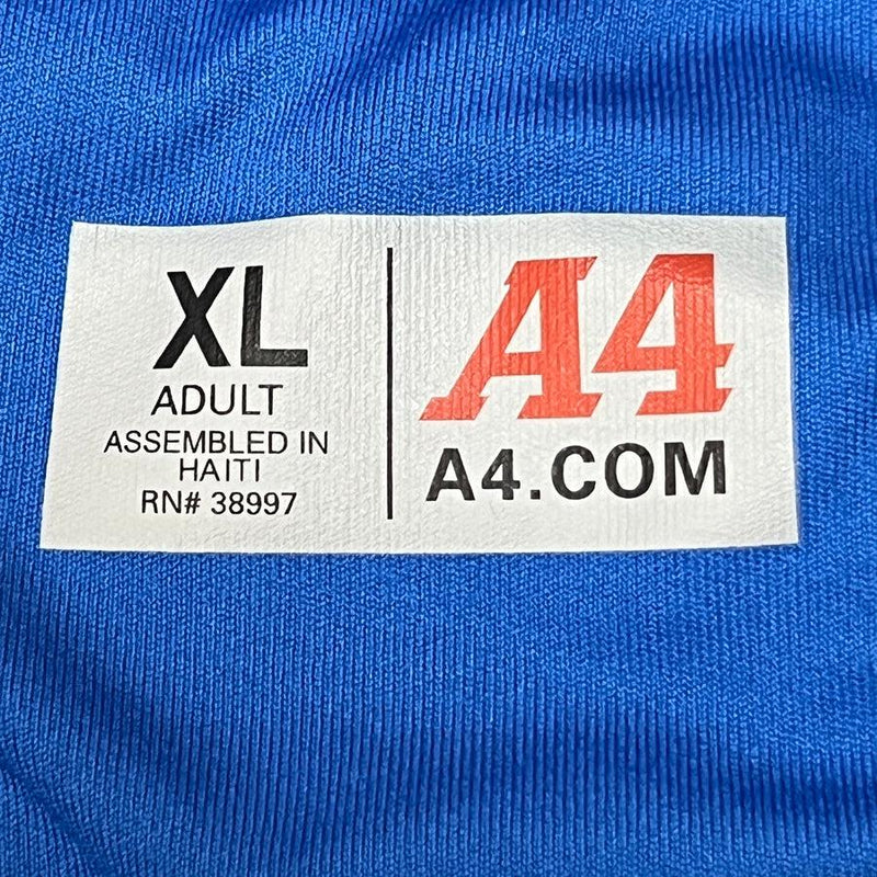 Blue A4 Dri-Fit performance shirt in size XL Adult with the logo and website printed on the white tag.