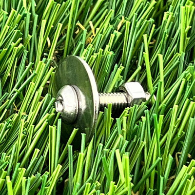 Silver dzdiscs Hans Retriever Tip, a metal bolt with a washer and nut, protruding from a surface.