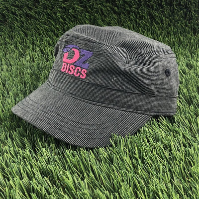 Black and white pinstripe military hat with a purple "OZ" and pink "DISCS" embroidered logo on the front.