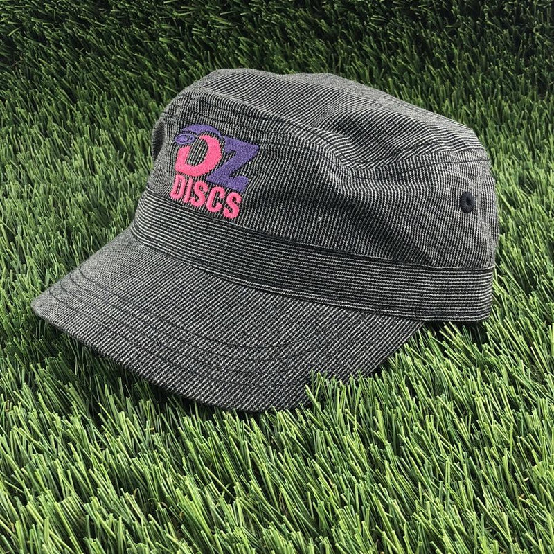 Black and white pinstripe military hat with a purple "OZ" and pink "DISCS" embroidered logo on the front.
