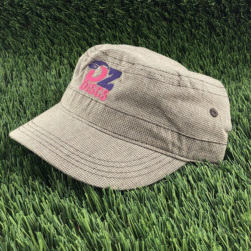 Houndstooth military-style hat with a black and white pattern, featuring a pink and purple embroidered "DZ DISCS" logo.