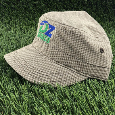 Tan houndstooth military hat with a black brim and blue and green embroidered DZ Discs logo.